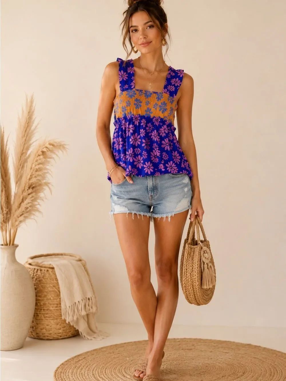 Boho Chic Floral Smocked Square-Neck Tank Top - Pink & Blue